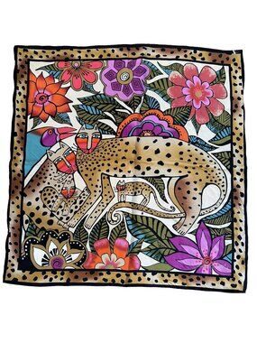 Laurel Burch 100% Silk Square Leopard Print Scarf Cats Art Signed